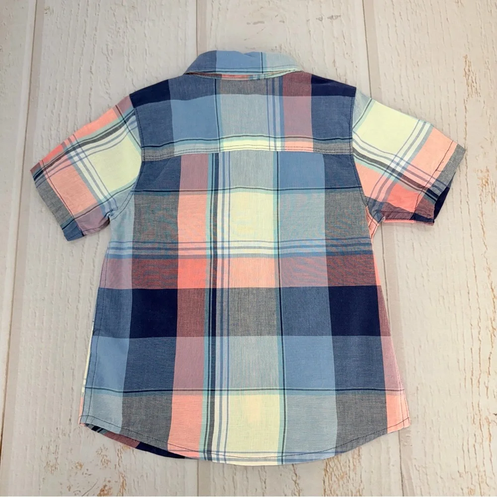 OshKosh Toddler Boy 3T Plaid‎ Button Up Shirt Blue Pink Short Sleeve